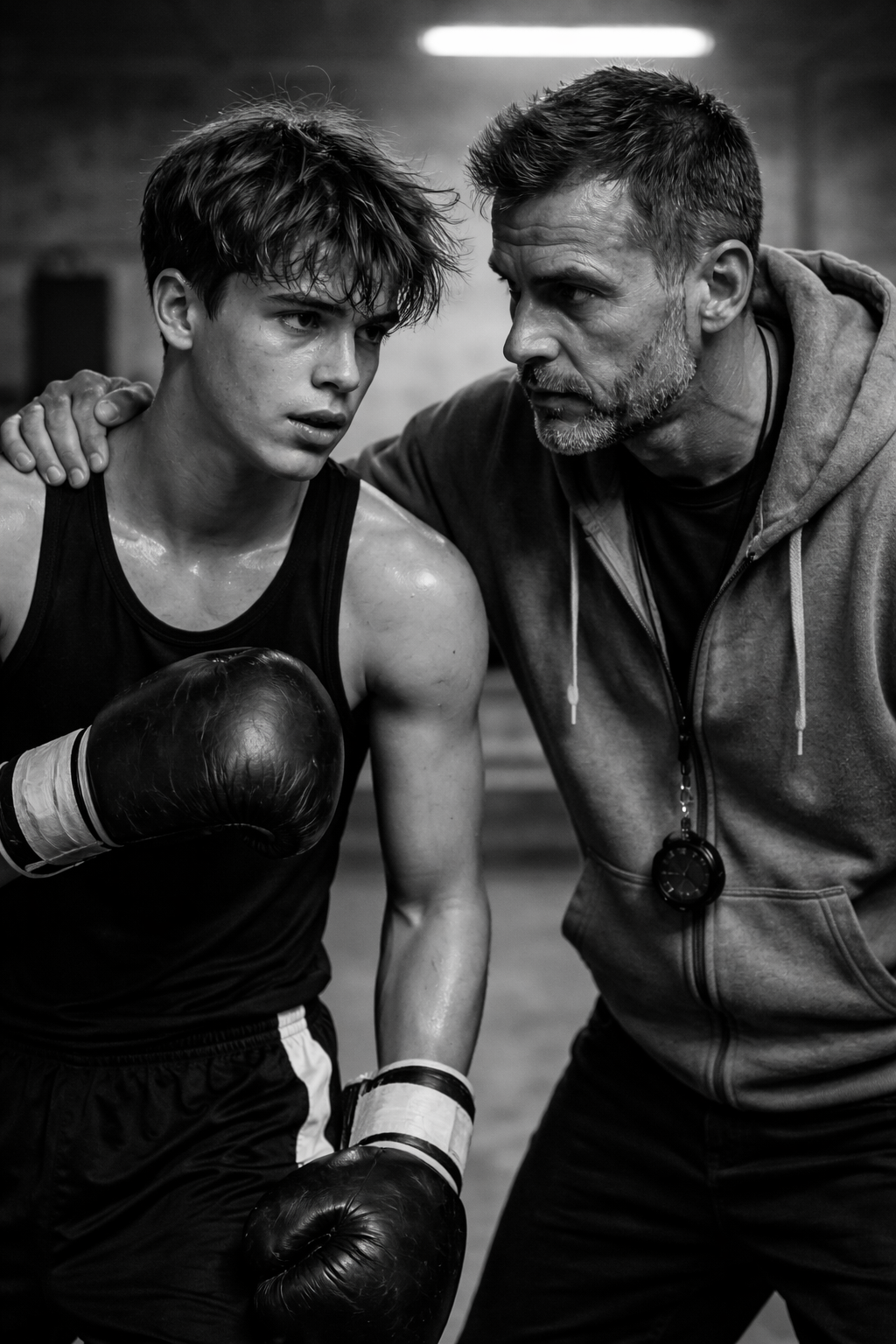 Head coach giving one-to-one instructions to a young boxer during training