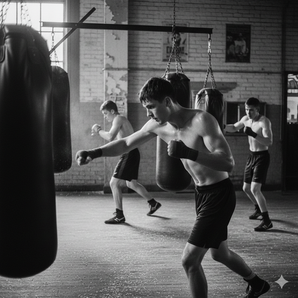 Boxers working the heavy bags during an evening session at Broad Street Boxing