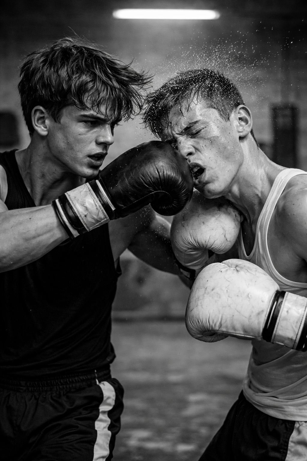 Two fighters sparring in the ring wearing headguards, coaches watching from ringside