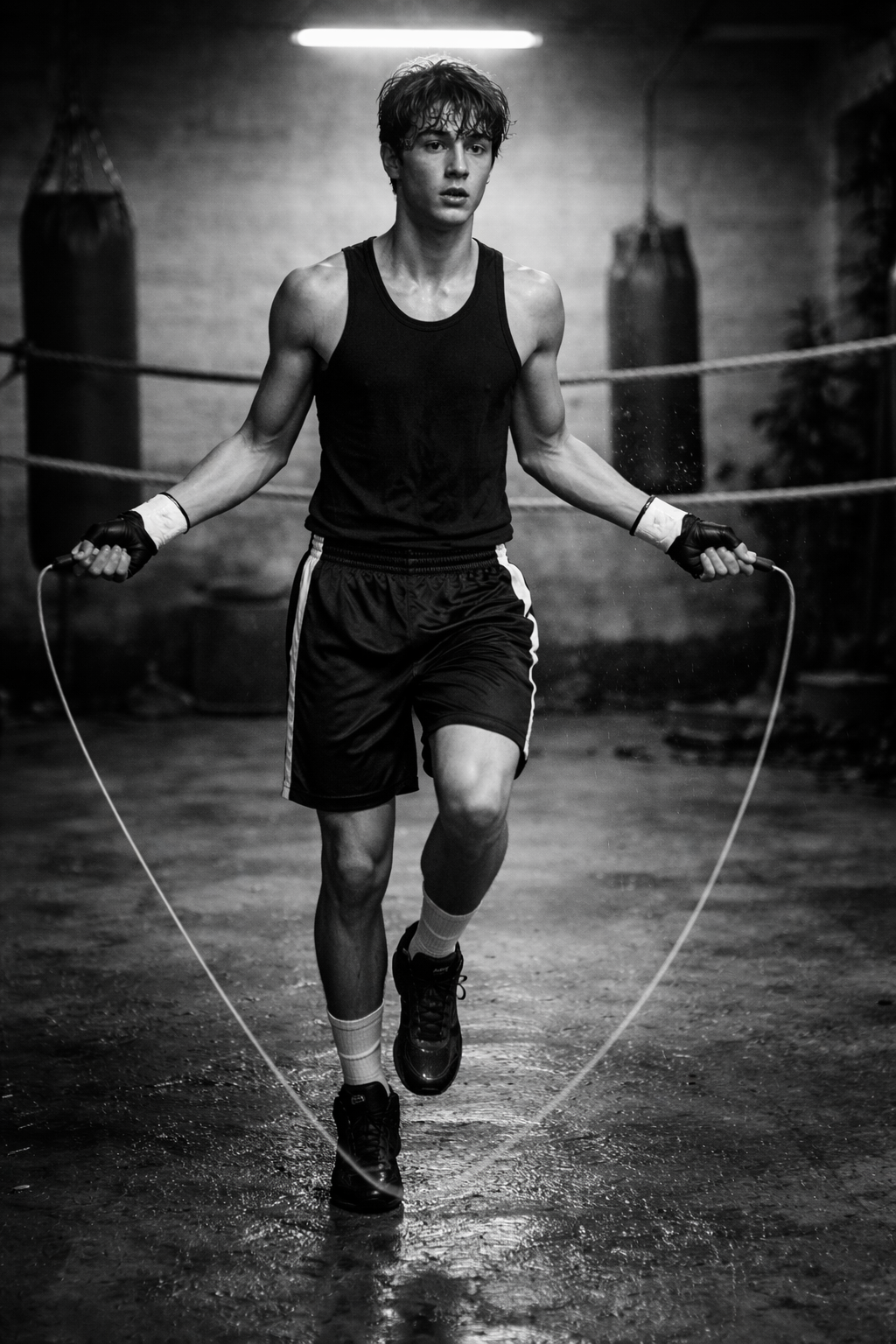 A boxer skipping rope for endurance conditioning, heavy bags in the background